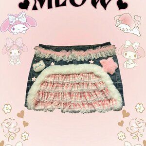 Mini denim skirt with ruffles and pink bows, featuring a cute design